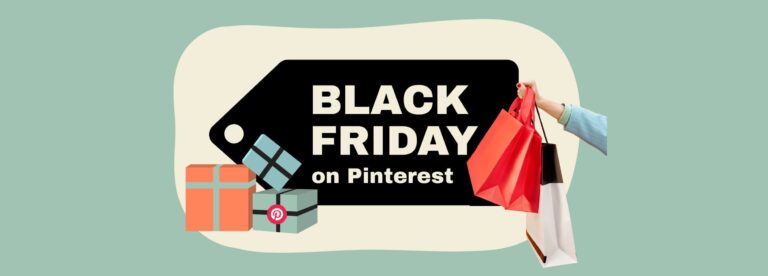 A Black Friday sale tag with gift boxes and a hand holding shopping bags next to the text 'Black Friday on Pinterest.' The image represents a Black Friday marketing strategy, showcasing the excitement of holiday shopping and the importance of planning for Pinterest promotions during the sales event.