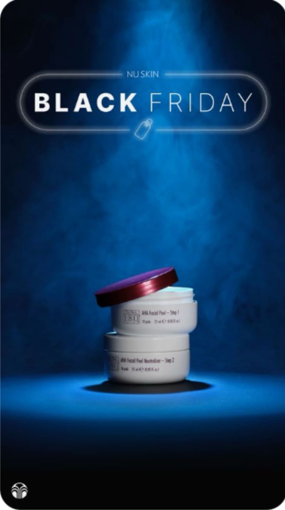 Skincare jars against blue smoky background with bold Black Friday text. Pinterest Black Friday marketing strategy featuring beauty products with dramatic visuals.