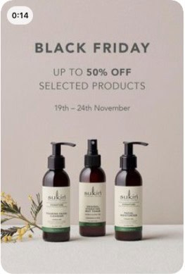 Three Sukin skincare bottles with text Black Friday up to 50% off. Pinterest Black Friday marketing strategy highlighting beauty promotions with natural product visuals.
