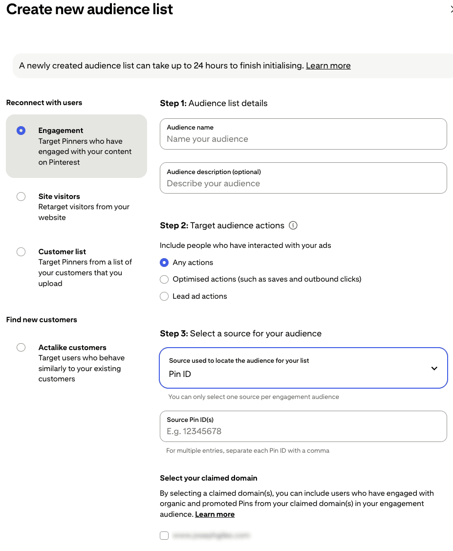 Pinterest audience creation interface showing options to reconnect with users or find new customers. Targeting options include engagement, site visitors, customer lists, and actalike audiences. This is a critical step in developing a Black Friday Marketing Strategy.