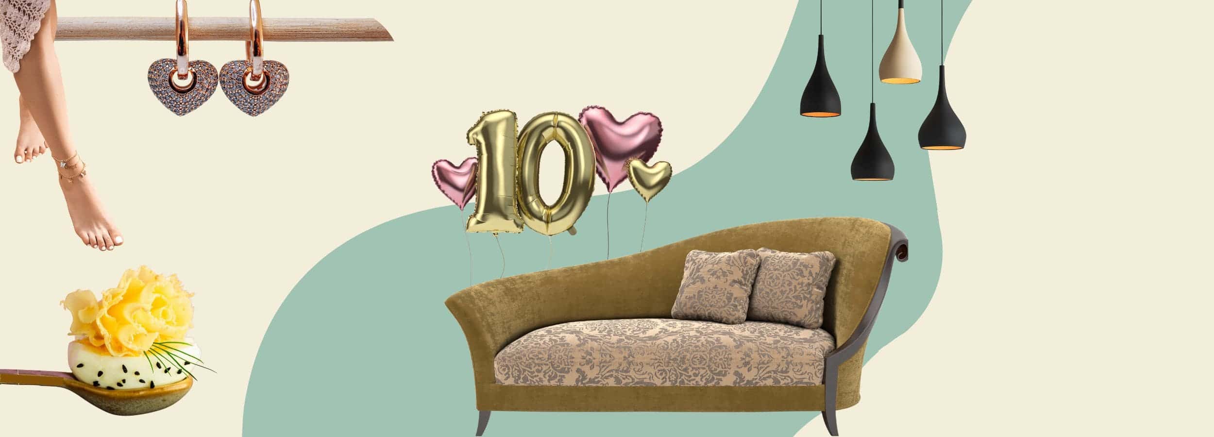 Collage of jewellery, lighting, sofa, balloons and food, created for a Pinterest for ecommerce Pinterest case study showcasing how lifestyle brands use design-led visuals to inspire shoppers and boost online sales.