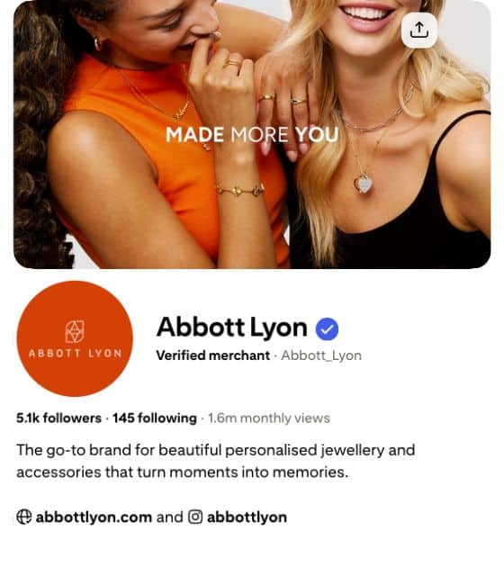 Abbott Lyon Pinterest profile showing personalised jewellery, featured in a Pinterest for ecommerce guide and Pinterest case study on how UK brands drive sales through digital inspiration.