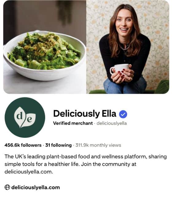 Deliciously Ella Pinterest profile featuring plant-based food and wellness, included in a Pinterest for ecommerce Pinterest case study on lifestyle brands creating community and sales.