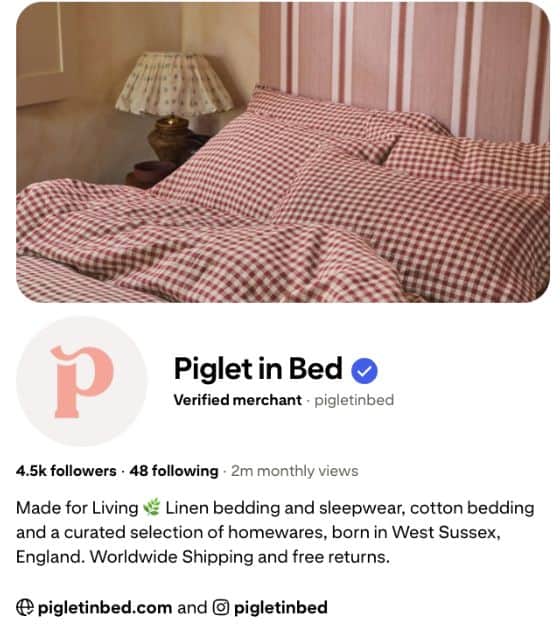 Piglet in Bed Pinterest profile showcasing linen bedding and sleepwear, part of a Pinterest for ecommerce Pinterest case study on homeware brands growing through inspiration-led shopping.