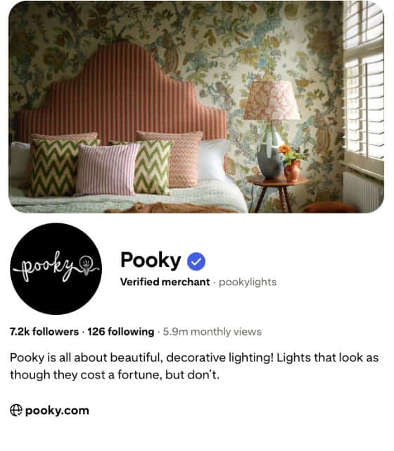 Pooky Pinterest profile with decorative lighting, used in a Pinterest for ecommerce Pinterest case study exploring how interiors brands turn inspiration into sales.