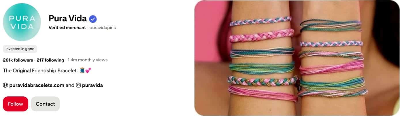 Pura Vida verified Pinterest account with vibrant bracelet designs, highlighted in a Pinterest for ecommerce Pinterest case study on creative social commerce strategies for lifestyle brands.