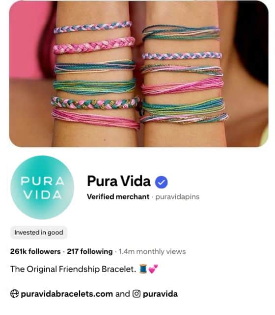 Pura Vida verified Pinterest account with vibrant bracelet designs, highlighted in a Pinterest for ecommerce Pinterest case study on creative social commerce strategies for lifestyle brands.