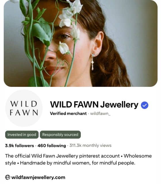 Wild Fawn Jewellery Pinterest profile, included in a Pinterest for ecommerce Pinterest case study on ethical jewellery brands reaching mindful shoppers online.