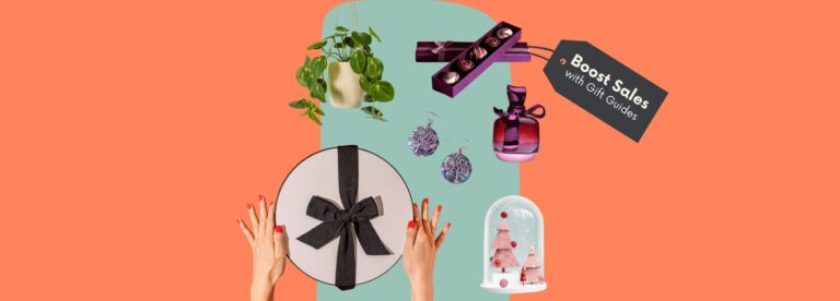 Flat lay of gifts, plants, and accessories with a “Boost Sales with Gift Guides” tag — illustrating a Pinterest Gift Guide Strategy for e-commerce to increase holiday sales.