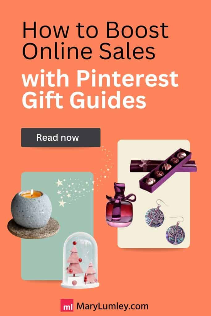 Promotional graphic with candles, chocolates, perfume, and earrings illustrating a Pinterest Gift Guide Strategy for e-commerce, titled “How to Boost Online Sales with Pinterest Gift Guides.”