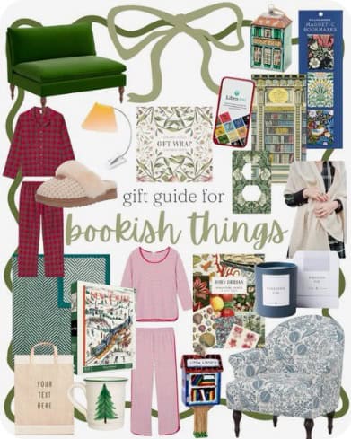 Collage of cozy gifts like books, pajamas, candles, and mugs — showcasing a Pinterest Gift Guide Strategy for e-commerce targeting bookish shoppers.
