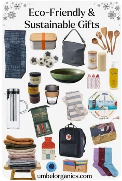 Collection of sustainable products including reusable bags, candles, and wooden utensils — highlighting a Pinterest Gift Guide Strategy for e-commerce focused on eco-conscious gifting.
