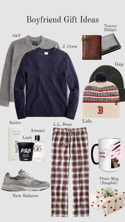 Flat lay collage of cozy sweaters, skincare, sneakers, and mugs for men — part of a Pinterest Gift Guide Strategy for e-commerce targeting thoughtful boyfriend presents.