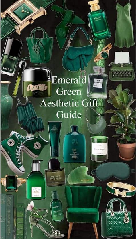 Collection of emerald green gifts including perfume, bags, and home decor — showcasing a Pinterest Gift Guide Strategy for e-commerce with a colour-based shopping theme.