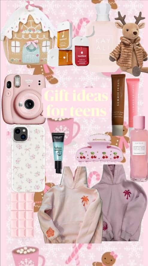 Pink collage of cozy hoodies, skincare, phone cases, and cute accessories — showcasing a Pinterest Gift Guide Strategy for e-commerce aimed at teenage shoppers.