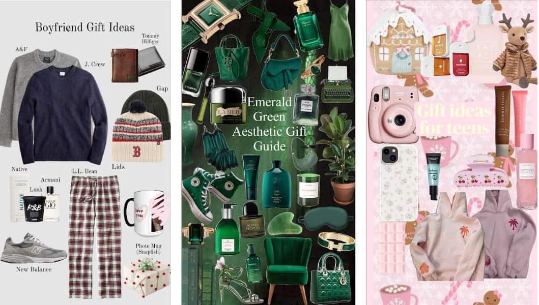 Three creative gift collages — boyfriend gifts, emerald green aesthetic, and teen gift ideas — showcasing a Pinterest Gift Guide Strategy for e-commerce designed to inspire seasonal shopping.