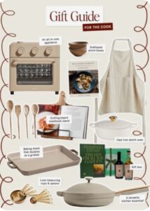Curated kitchen essentials including cookware, utensils, and recipe books — an example of a Pinterest Gift Guide Strategy for e-commerce appealing to home cooks.