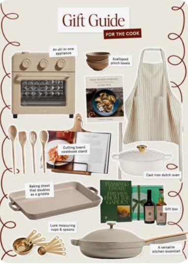 Curated kitchen essentials including cookware, utensils, and recipe books — an example of a Pinterest Gift Guide Strategy for e-commerce appealing to home cooks.
