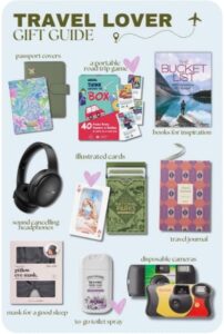 Collage of travel-inspired gifts like journals, cameras, books, and headphones — a Pinterest Gift Guide Strategy for e-commerce designed for wanderlust shoppers.