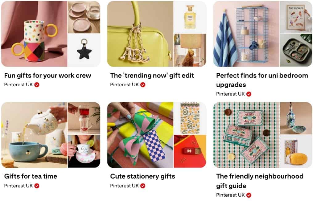 Six colorful Pinterest UK gift boards showcasing mugs, stationery, home decor, and tea sets — an example of a Pinterest Gift Guide Strategy for e-commerce during the gifting season.
