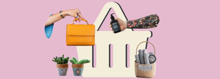 Pinterest for e-Commerce concept illustration showing shopping basket icon with product imagery including orange handbag, beauty products, yoga accessories, and potted plants on pink background.
