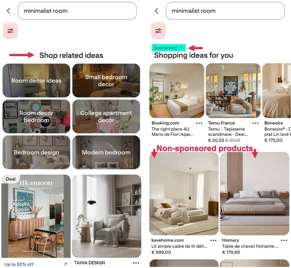 Pinterest for e-Commerce search results for "minimalist room" displaying shop related ideas, sponsored products, and catalogue items with shoppable pins from verified merchants and retailers.