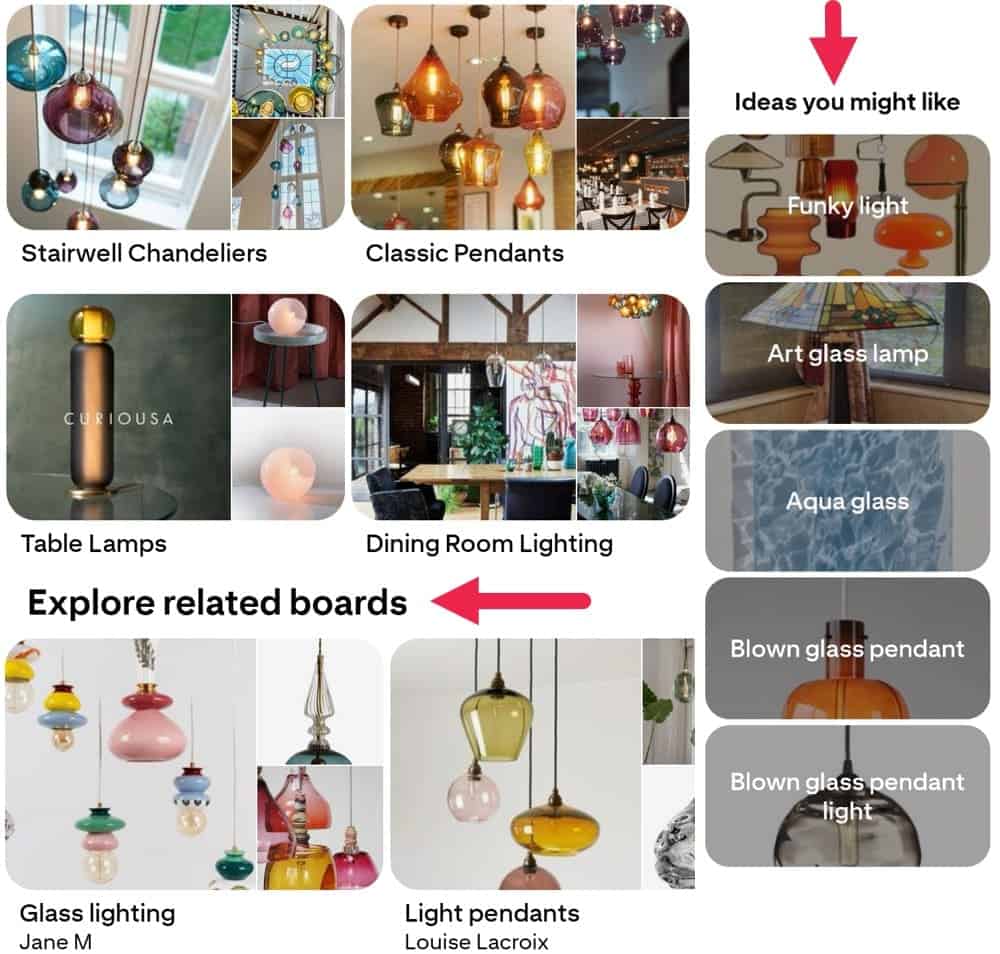 Pinterest for eCommerce keyword-optimized boards displaying lighting products: stairwell chandeliers, classic pendants, table lamps, and dining room lighting with searchable, category-specific board titles for discoverability.