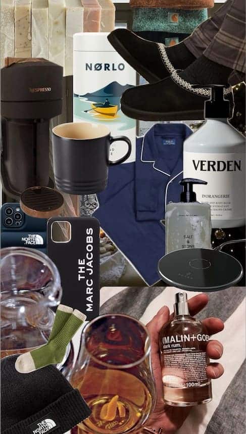 A collage-style mood board featuring lifestyle products including a Nespresso machine, black slippers, navy pyjamas, skincare products, and home accessories in dark tones, demonstrating Pinterest for e-Commerce visual merchandising.