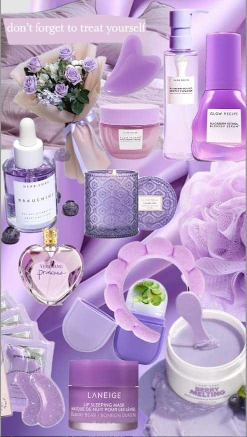 A curated gift guide collage in soft purple and lavender tones featuring beauty products, flowers, skincare items, and self-care essentials, showcasing Pinterest for e-Commerce gift inspiration strategies.