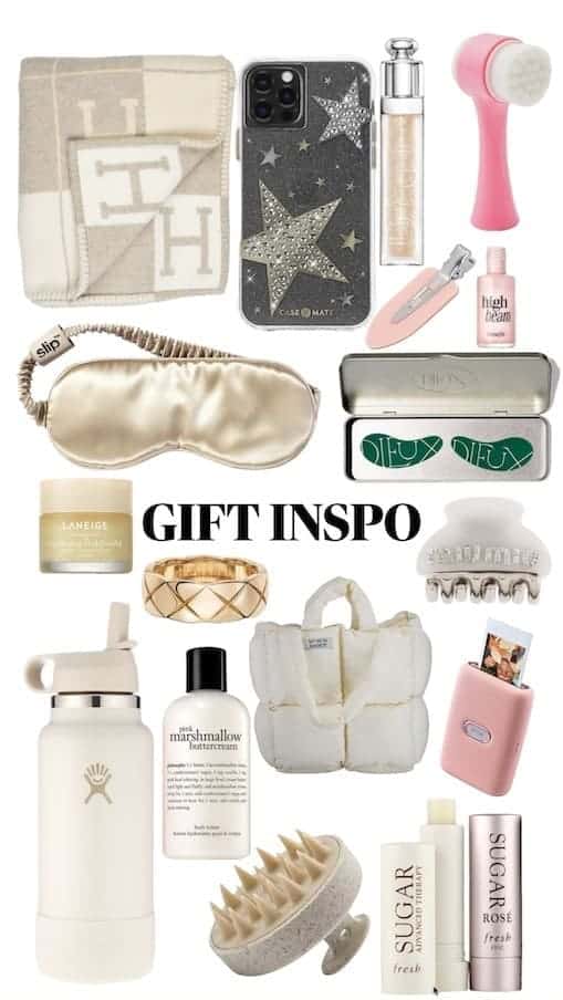 A neutral-toned gift guide featuring beauty and lifestyle products including phone accessories, jewellery, skincare, and home goods with "GIFT INSPO" text, illustrating Pinterest for e-Commerce product curation.