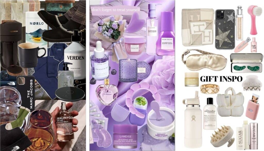 Three Pinterest for e-Commerce gift guide collages featuring curated product collections: masculine lifestyle essentials, purple self-care beauty items, and neutral-toned gift inspiration for online retailers.