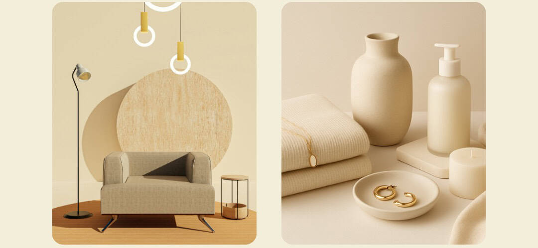 Minimal neutral interiors with soft furnishings, lighting, and lifestyle objects. A calm, design-led header image representing a Pinterest Specialist for e-commerce focused on premium, aesthetic brands.
