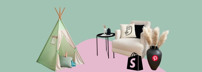 Lifestyle collage of kids’ teepee, armchair, side table and décor with Pinterest and Shopify icons, illustrating Pinterest marketing for Shopify brands in home and lifestyle e-commerce.