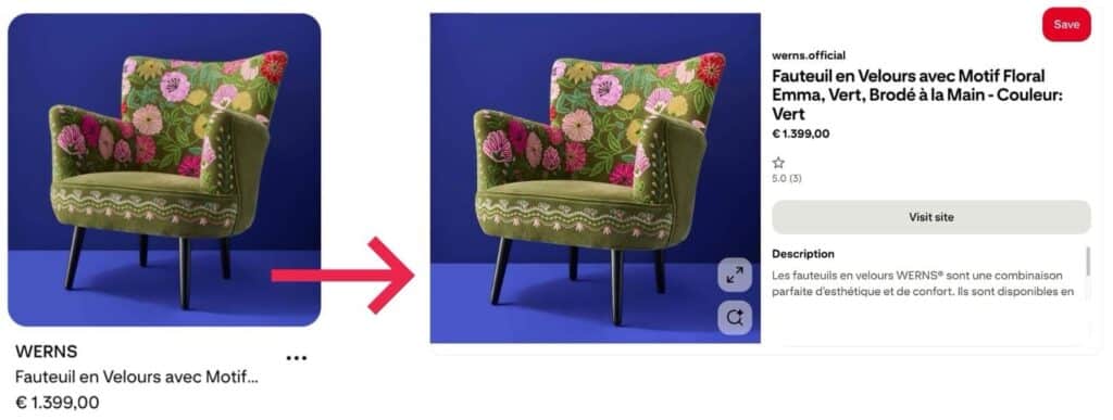 Pinterest product pin showing a green embroidered velvet armchair with price and merchant details, demonstrating Pinterest marketing for Shopify using catalogue-enabled shoppable product listings.