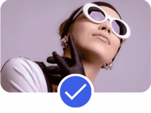 Pinterest Account Management example showing fashion portrait with white sunglasses and verification check icon, representing strong lifestyle positioning within a professionally structured Pinterest Account Management strategy.