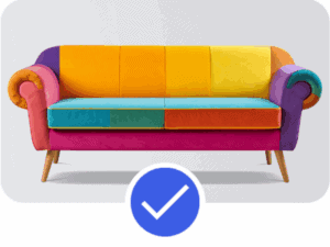 Pinterest Account example showing colourful modern sofa with verification check icon, representing a professionally structured Pinterest Account for home and lifestyle brands.