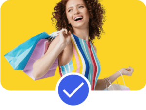 Pinterest Account example showing a shopper carrying colourful bags with verification check icon, representing strong lifestyle positioning and audience-ready visual branding within a professionally structured Pinterest Account.