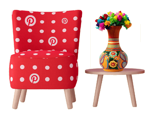 Pinterest Account Setup services illustrated by a red Pinterest-patterned armchair beside a colourful decorative vase on a side table, representing visual content strategy for lifestyle e-commerce brands.