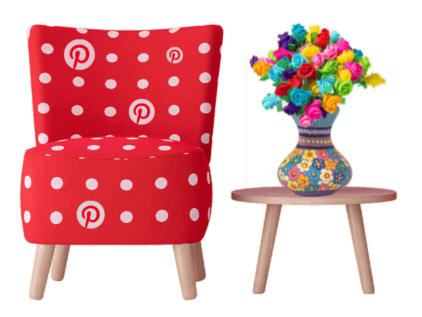 Pinterest Advertising services illustrated by a red Pinterest-patterned armchair beside a colourful decorative vase on a side table, representing visual content strategy for lifestyle e-commerce brands.