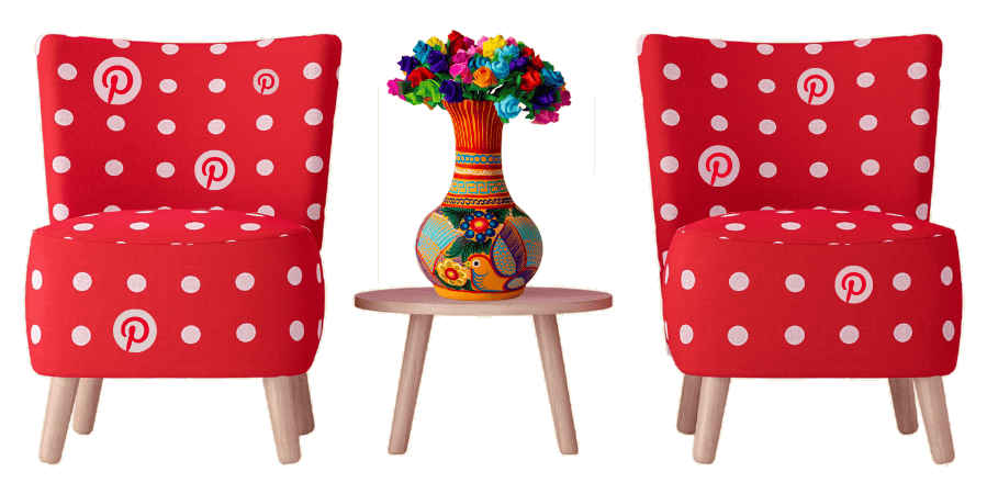 Pinterest Discovery Call booking page illustrated by two red Pinterest-patterned armchairs beside a colourful decorative vase on a side table, representing visual content strategy for lifestyle e-commerce brands.