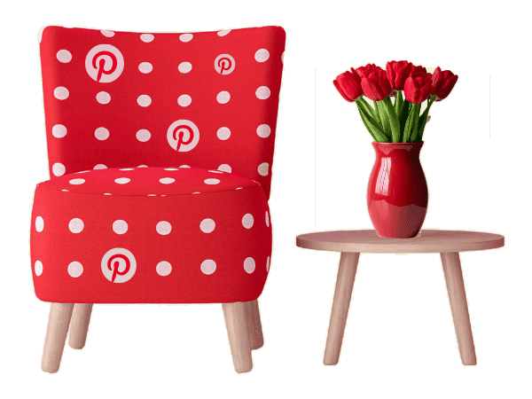 Red Pinterest-branded armchair with red flowers on a side table. Header image representing a Pinterest Expert and Pinterest Specialist helping e-commerce and home decor brands grow traffic and sales through Pinterest marketing.