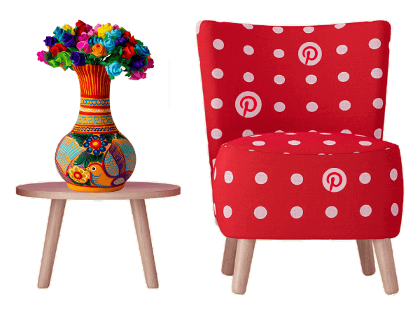 Pinterest Account Management services illustrated by a red Pinterest-patterned armchair beside a colourful decorative vase on a side table, representing visual content strategy for lifestyle e-commerce brands.
