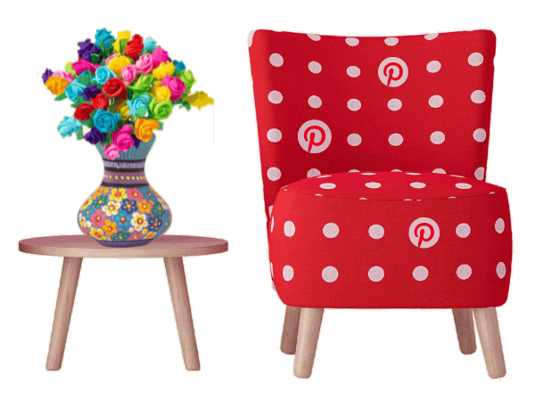 Pinterest Marketing services illustrated by a red Pinterest-patterned armchair beside a colourful decorative vase on a side table, representing visual content strategy for lifestyle e-commerce brands.