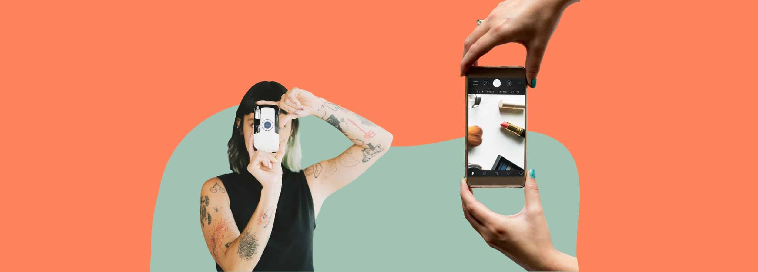 Two people using cameras in different ways, illustrating how Pinterest visual search lets users discover and shop products visually rather than through text-based queries.