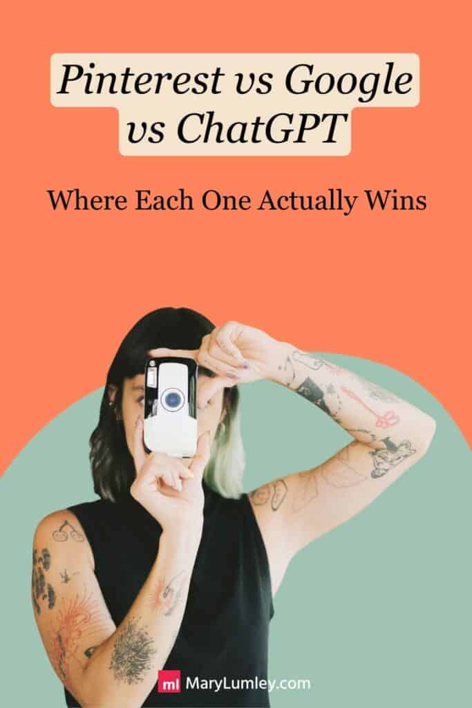 Pinterest visual search comparison graphic showing Pinterest vs Google vs ChatGPT headline with photographer holding camera, illustrating how each platform supports discovery and planning differently within Pinterest visual search behaviour.