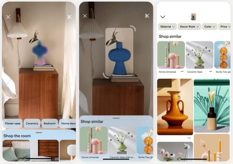 Pinterest visual search in action, using lens-based search to identify a vase and surface similar products to shop on Pinterest