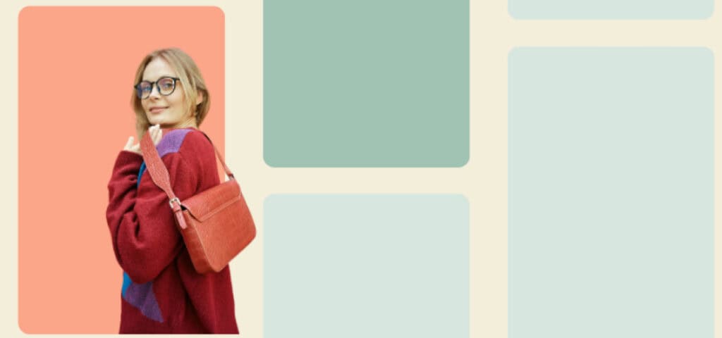 Woman wearing glasses and a red jumper holding a coral handbag against a soft yellow background. Stylish lifestyle image for a Pinterest Marketing Blog header, highlighting fashion trends, visual inspiration, and curated content for modern brands and creators.