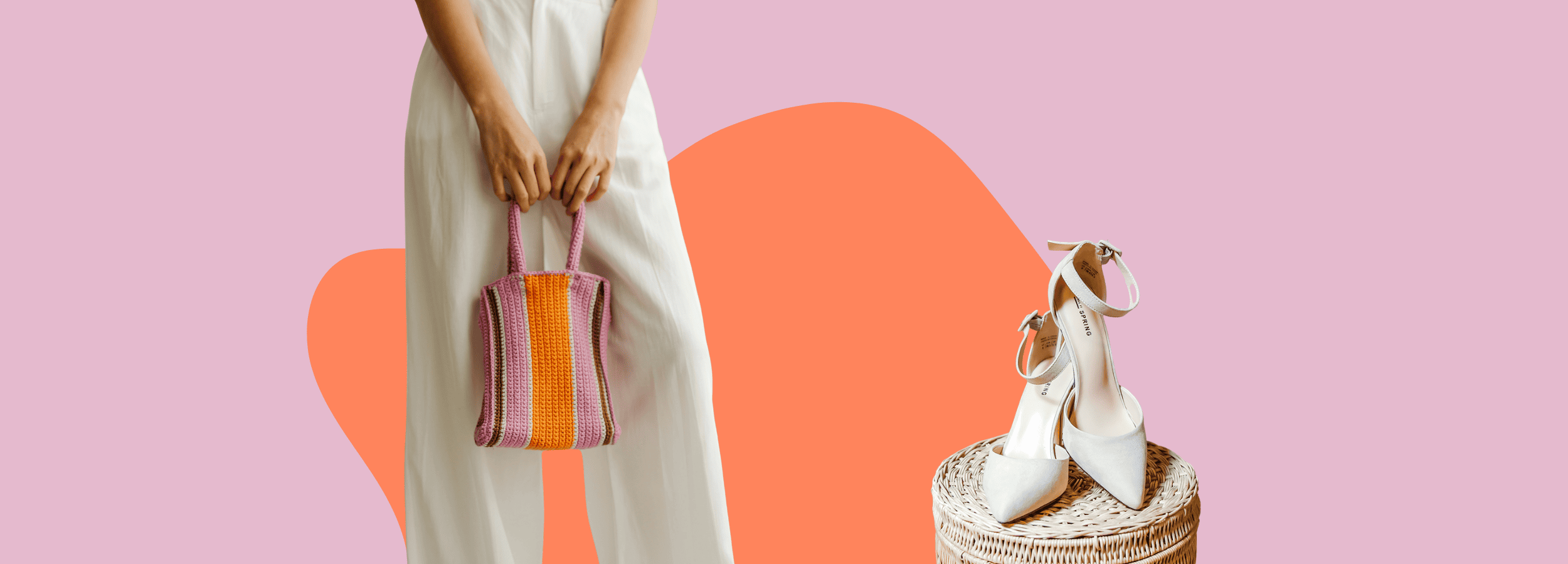 Featured image for a Pinterest Trends tool article, with a collage of seasonal fashion products, set against an orange and pink pastel background.