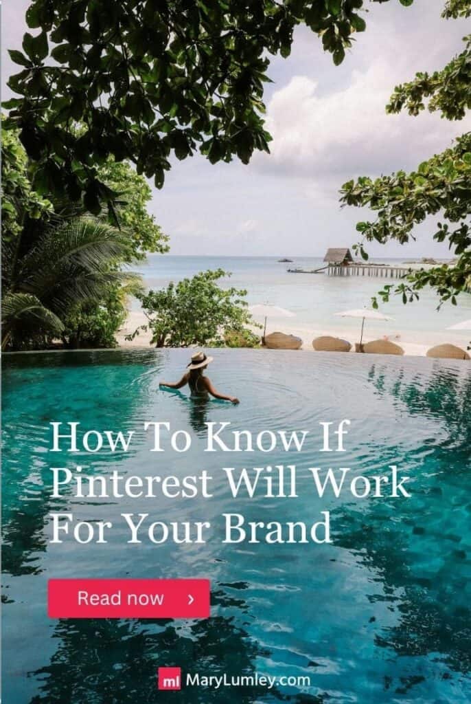 Pinterest for business inspiration: a woman in a sun hat relaxes in an infinity pool overlooking a tropical beach with parasols and sun loungers.