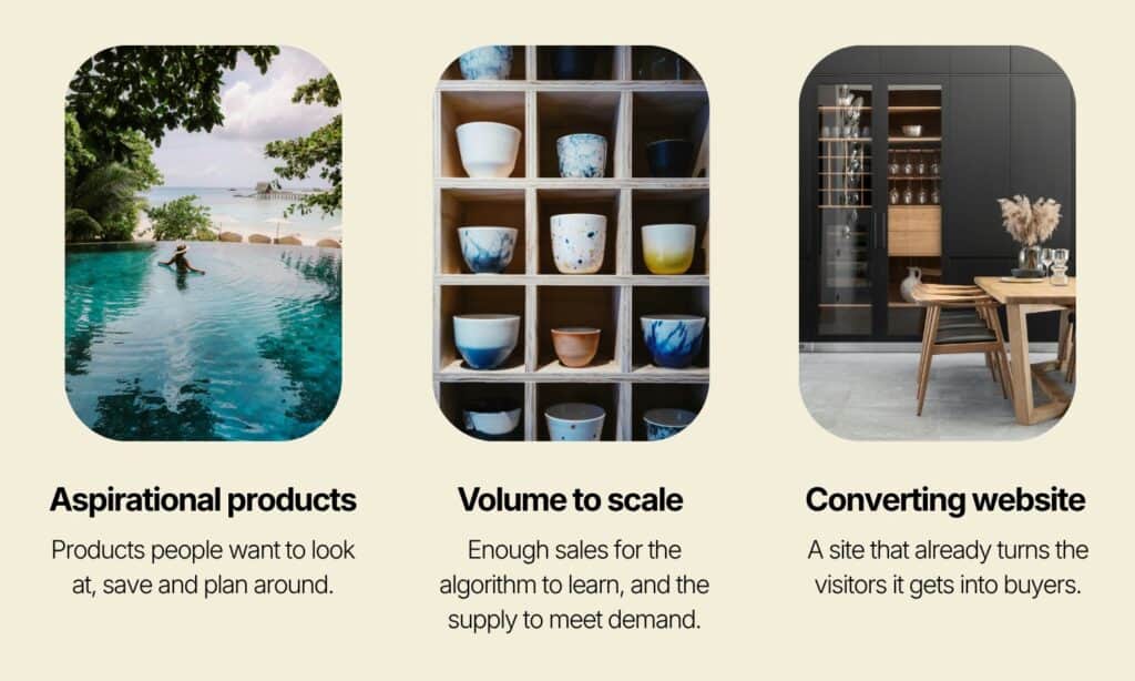 Pinterest for business graphic showing three brand-fit factors: converting website, aspirational products, and sales volume, illustrated with travel, product and interiors imagery.